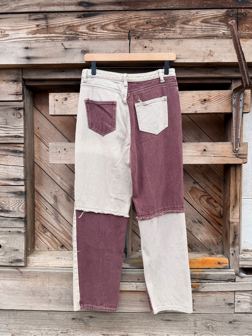 Patchwork Two-Tone Beige and Burgundy Women’s Jeans - Picture 3 of 3